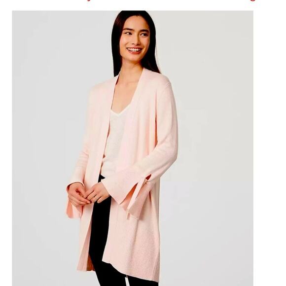 LOFT bell sleeve tie cuff open front cardigan gray sz M - Picture 6 of 6